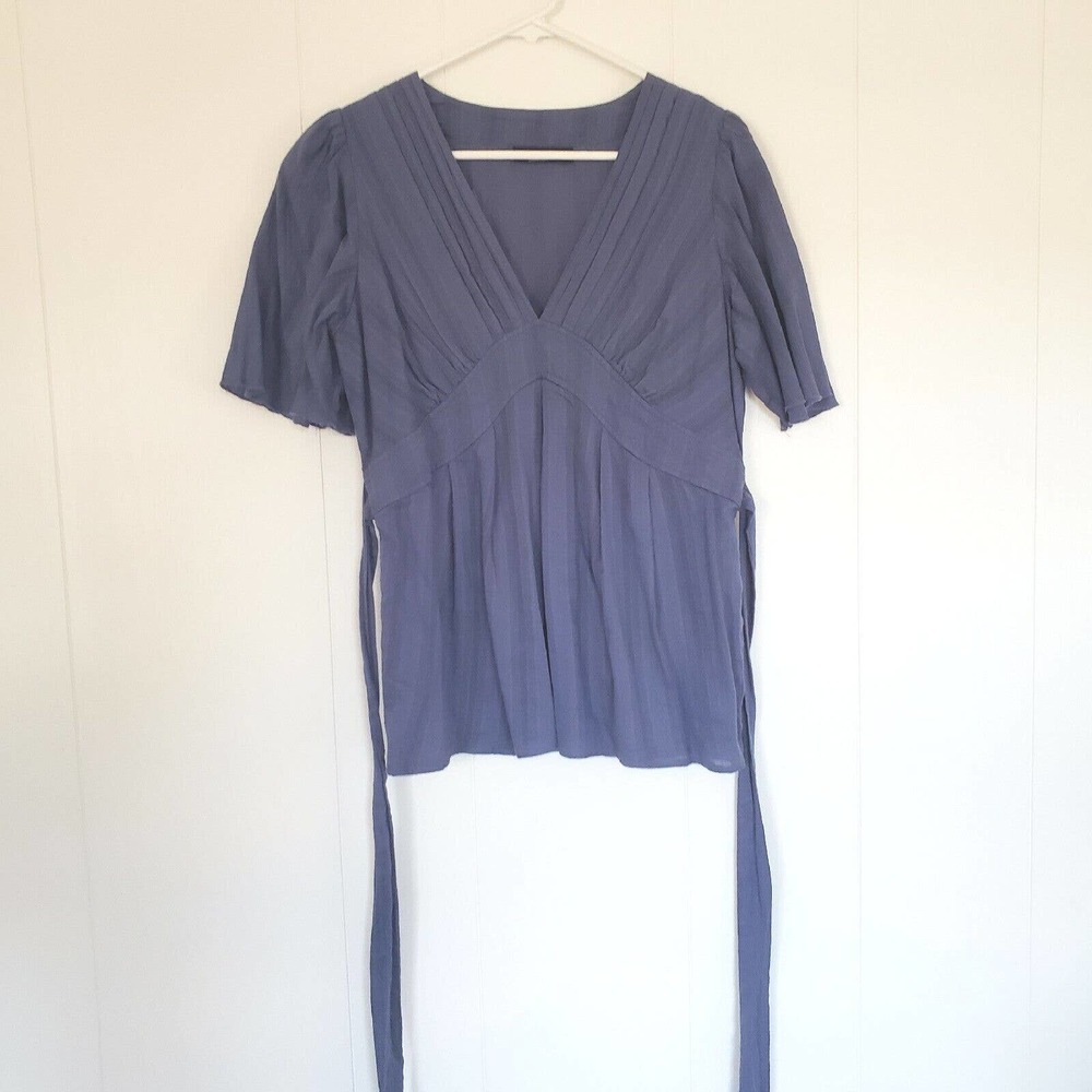 ANA Womens Top Shirt size Medium Cotton Chambray Blue Soft Tie back Short Sleeve